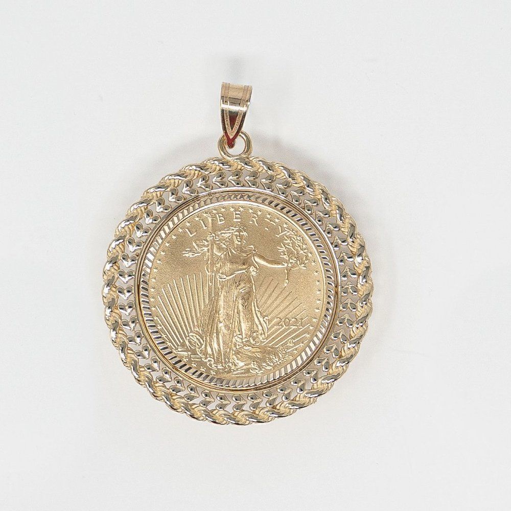 New 14k Gold Double Row Diamond Cut Bezel With 1/4oz American Eagle Coin - Picture 14 of 15
